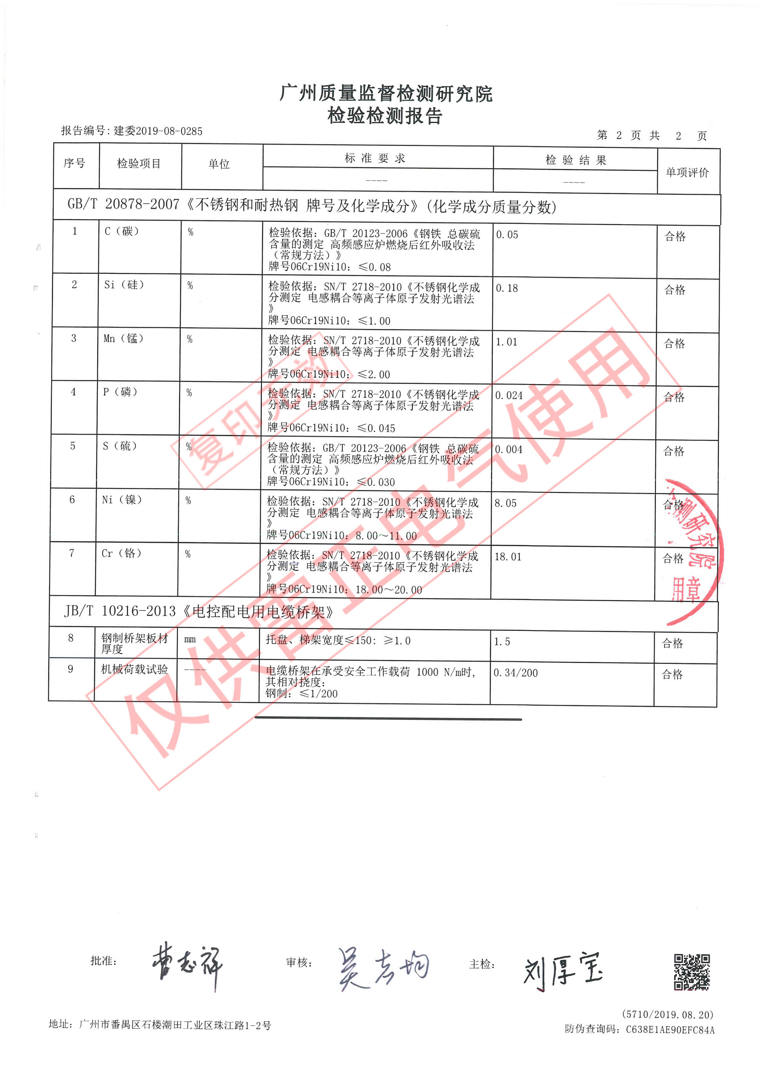 不銹鋼電纜橋架檢驗報告